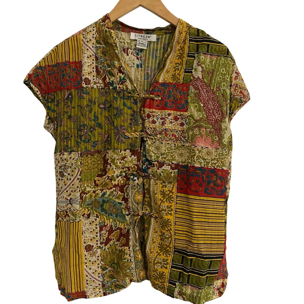Citron Patchwork Short-Sleeve Blouse in Olive, Mustard & Red